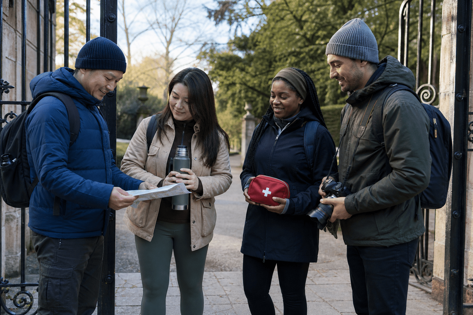 Four adults checking a map at the entrance to a park before an outing